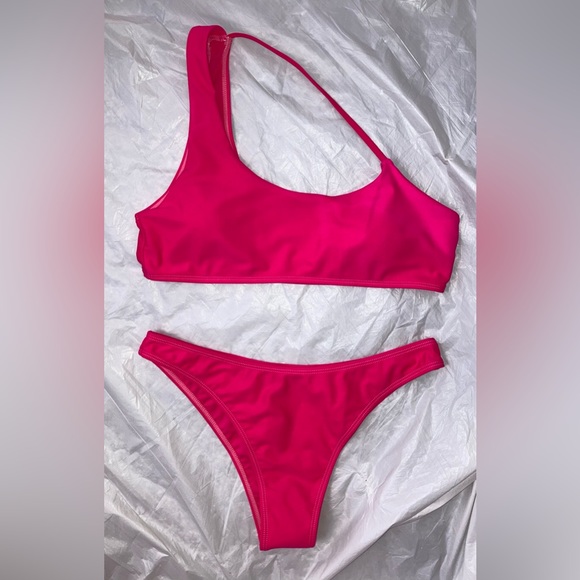 SHEIN 2Piece Frenchi Asymmetrical Top Hot Pink Bikini Set Hi Wasted Swimwear Lg - Picture 10 of 14